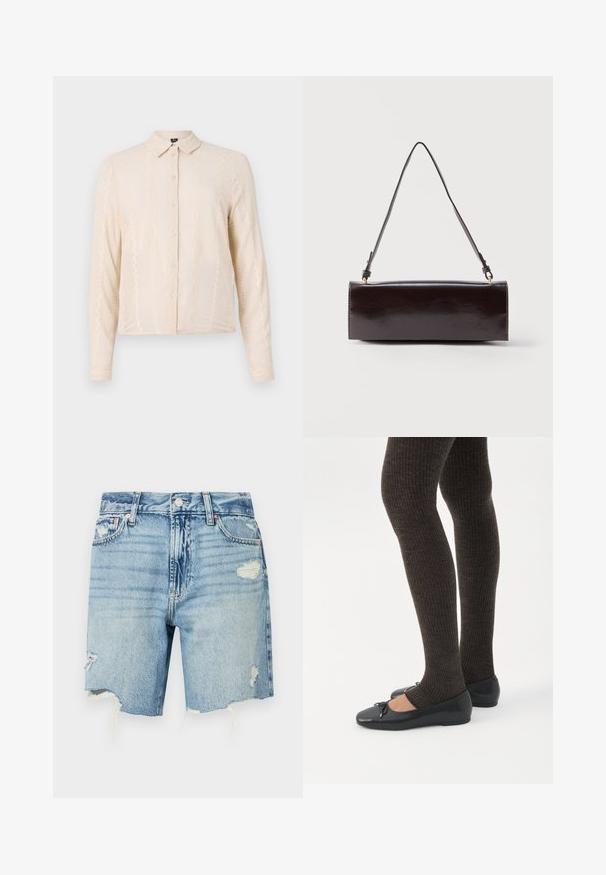 Camisa de manga larga en color crema con cuello de solapa, con una tela texturizada y detalles de encaje decorativos a lo largo del frente y las mangas.; Pantalones cortos de denim azul claro con una cintura alta. Presentan detalles desgastados con un dobladillo deshilachado y múltiples bolsillos. Diseño clásico de cinco bolsillos.; Piernas con leggings oscuros acanalados combinados con bailarinas negras que presentan pequeños detalles de lazo sobre un fondo blanco.; Bolso rectangular de cuero negro con una sola correa larga y acabado brillante, exhibido sobre un fondo blanco liso.