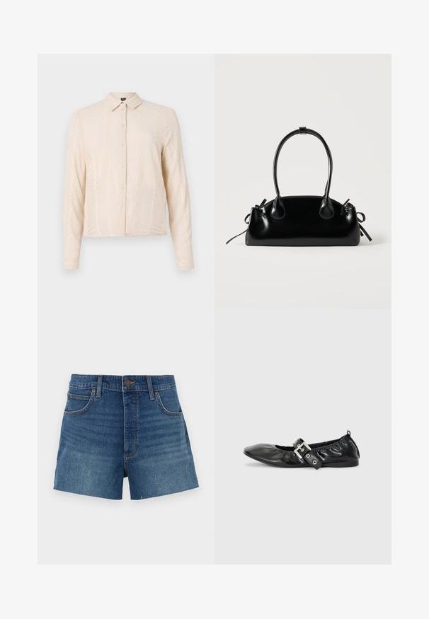 Langærmet, cremet skjorte med krave, der har et tekstureret stof og dekorative blonder langs forsiden ogærmerne.; Denim shorts i mellemblå, med høj talje, fire lommer og syet detaljer. Glat tekstur med en klassisk pasform.; Sorte læder flade sko med spids tå, samling detaljer omkring åbningen, og en sølv spænde accent på den justerbare rem.; Lille sort blank håndtaske med to lange håndtag og snøre-detaljer i siden på en ensfarvet lys baggrund.