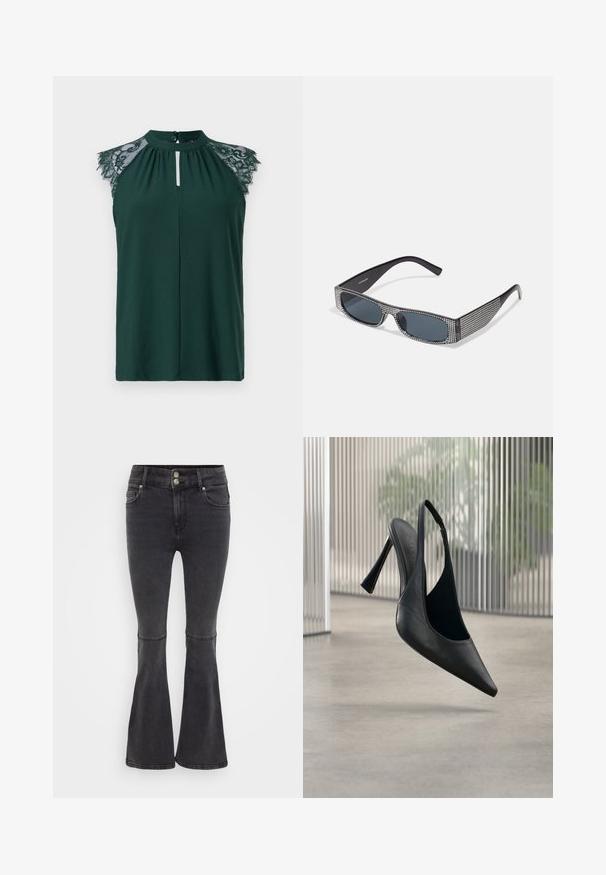 Blusa sin mangas en verde oscuro con detalle de encaje en los hombros y un pequeño cierre de botón en la parte delantera. Diseño simple y elegante.; Pantalones vaqueros negros acampanados de denim, con una cintura alta, cierre de doble botón y bolsillos delanteros con un acabado limpio.; Zapato de tacón stiletto con tira trasera de cuero negro y punta puntiaguda, flotando sobre un suelo de hormigón liso y fondo de panel metálico vertical.; Gafas de sol negras con lentes grises, presentando un patrón enrejado de pequeños rhinestones metálicos a lo largo de las monturas. Acabado suave, diseño angular.