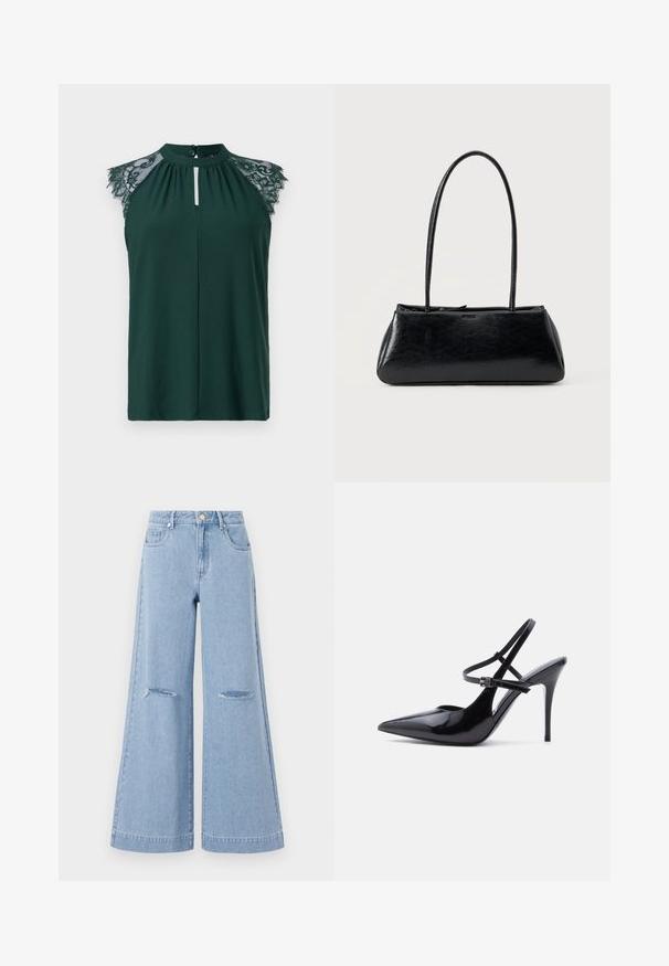 Blusa sin mangas en verde oscuro con detalle de encaje en los hombros y un pequeño cierre de botón en la parte delantera. Diseño simple y elegante.; Jeans de pernera ancha de color azul claro con una cintura alta, que cuentan con dos bolsillos frontales y dos detalles de rodillas rasgadas, elaborados en material de denim.; Zapato de tacón alto de charol negro con punta puntiaguda, con dos finas correas ajustables en el tobillo y tacón de aguja, mostrado de lado.; Bolso de hombro rectangular negro con correas largas y delgadas y una textura lisa y brillante sobre un fondo liso.