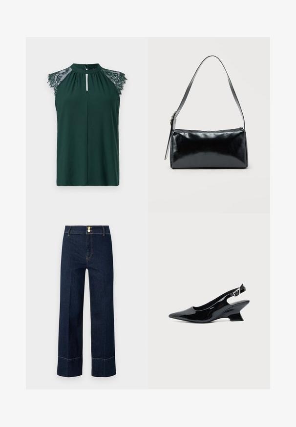 Blusa sin mangas en verde oscuro con detalle de encaje en los hombros y un pequeño cierre de botón en la parte delantera. Diseño simple y elegante.; Jeans de tiro alto y pierna ancha en azul oscuro con dobles botones dorados y costuras naranjas visibles sobre un fondo claro.; Zapato slingback de cuero charol negro con puntera puntiaguda y tacón bajo en bloque inclinado sobre fondo claro liso.; Bolso de hombro rectangular negro con una correa ajustable y un cierre de cremallera superior sobre un fondo liso.