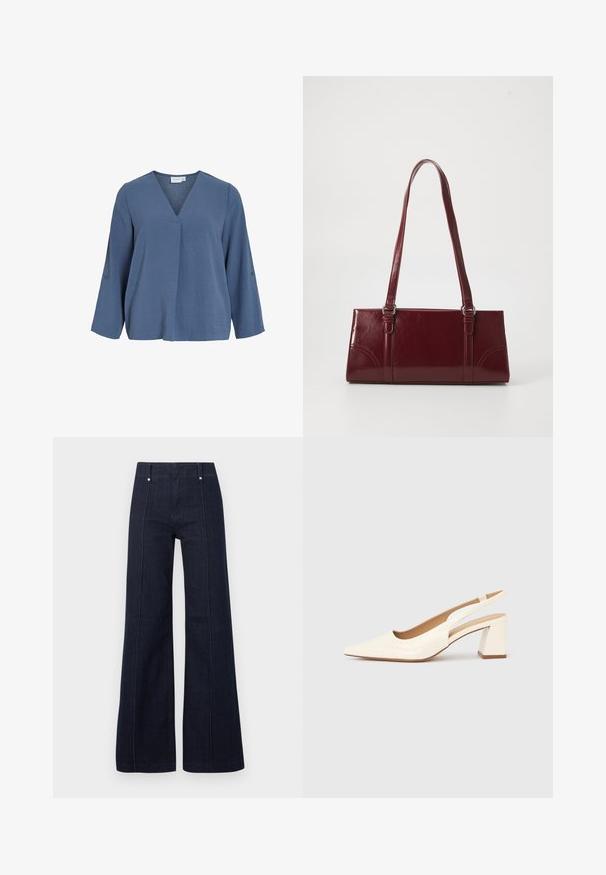 Lyseblå bluse med lange ærmer, V-hals og blød krøllet tekstur. Har knapdetaljer på ærmerne og en let afslappet pasform.; Mørkeblå jeans med høj talje og vide ben, med forreste syninger og bæltestropper på en ensartet lys baggrund.; Slingback-pumpe i blank cremefarvet laklæder, med spids snude og kraftig firkantet hæl for stabilitet. Minimalistisk design uden pynt.; Bordeaux håndtaske lavet af glansfuldt materiale, rektangulær form, med to skulderremme og subtile buede detaljer på forsiden.
