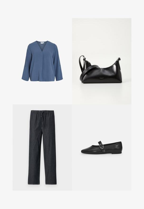 Hellblaue, langärmelige Bluse mit V-Ausschnitt und weicher, zerknitterter Textur. Mit Knopfdetails an den Ärmeln, leicht lockerem Schnitt.; Dunkelblaue Denim-Hose mit elastischem Bund und Kordelzug, geradem Bein und kontrastierenden Ziernähten.; Schwarzer Lederflatschuh mit runder Zehenform, einem verstellbaren Schnallenriemen und einer glatten, glänzenden Oberfläche. Minimalistisches Design mit einem niedrigen Absatz.; Schwarze lederne Handtasche mit glatter Textur. Verfügt über einen verstellbaren Riemen und ein elegantes, minimalistisches Design mit einem Reißverschluss.