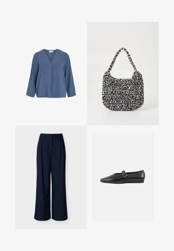 Hellblaue, langärmelige Bluse mit V-Ausschnitt und weicher, zerknitterter Textur. Mit Knopfdetails an den Ärmeln, leicht lockerem Schnitt.; Marineblaue, weit geschnittene Hosen mit hoher Taille und vorderen Falten, vor einem schlichten weißen Hintergrund präsentiert.; Schwarze Lederflachschuhe mit spitzem Zehenbereich, ausgestattet mit einem metallischen Riemen über dem Spann und einer niedrigen, flexiblen Sohle.; Gewebte Handtasche in Schwarz und Weiß mit runder Form, strukturiertem Oberflächenfinish und geflochtener Grifffläche. Geeignet für den lässigen Gebrauch.