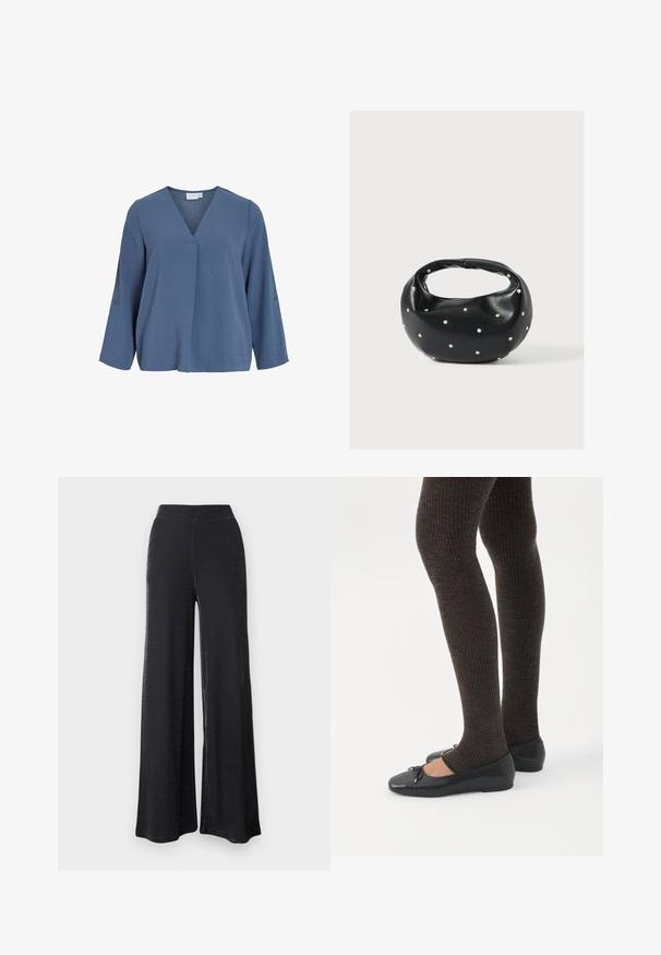 Lichtblauwe blouse met lange mouwen, een V-hals en een zachte gekreukte textuur. Voorzien van knoopdetails op de mouwen, met een iets losse pasvorm.; Zwarte wijde broek gemaakt van een zachte, rekbare stof met een subtiele glans, voorzien van een elastische tailleband en een relaxte pasvorm.; Benen met donkere geribbelde leggings gecombineerd met zwarte ballerina's met kleine strikdetails op een witte achtergrond.; Zwarte leren handtas met een afgeronde vorm, versierd met zilveren studs, en een korte handgreep. Gladde textuur en ritsluiting.