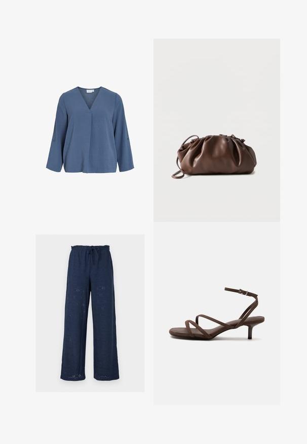 Hellblaue, langärmelige Bluse mit V-Ausschnitt und weicher, zerknitterter Textur. Mit Knopfdetails an den Ärmeln, leicht lockerem Schnitt.; Marineblaue Hose mit weitem Bein, elastischem Bund und Kordelzug, durchgehend mit Ösen-Blumenstickerei verziert.; Braune Sandale mit hohem Absatz, dünnen gekreuzten Riemen und einem Knöchelriemen mit silberner Schnalle vor weißem Hintergrund.; Weiche braune Lederbeuteltasche mit gerafftem oberen Teil und schmalem Riemen, auf weißem Hintergrund liegend.