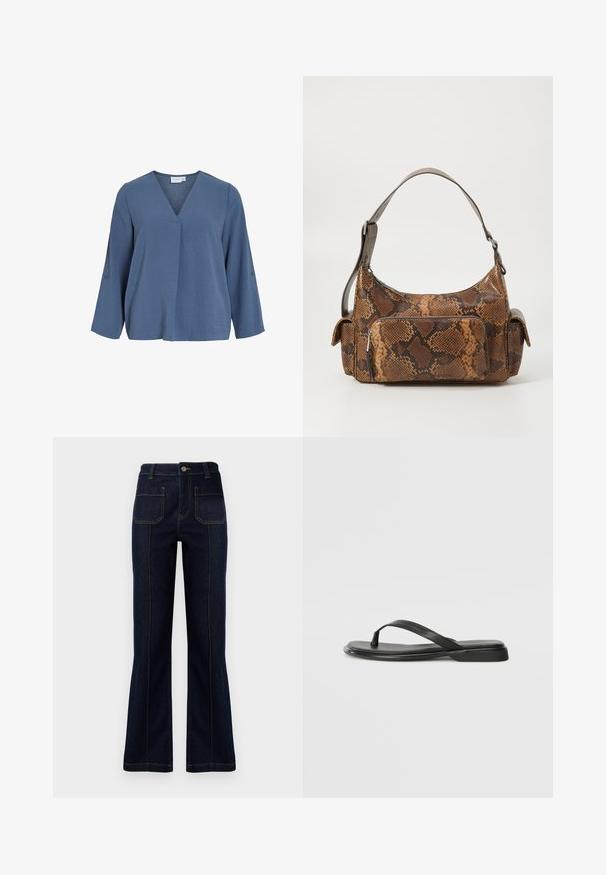 Lyseblå bluse med lange ærmer, V-hals og blød krøllet tekstur. Har knapdetaljer på ærmerne og en let afslappet pasform.; Mørkeblå, flagrende jeans lavet af denim, med høj talje, to baglommer og synlig syning langs sømmene.; Sorte flip-flops lavet af glat læder, med et tyndt remdesign og en flad sål med et minimalt profil. Ingen bemærkelsesværdige mønstre eller accenter.; Brun slangemønster håndtaske med en tekstureret overflade, et buet design, en enkelt skulderrem og en frontlynlås-lomme.