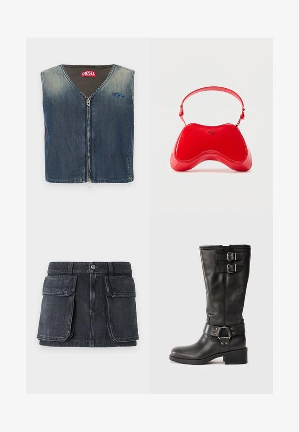Veste en denim avec un col en V et une fermeture éclair à l'avant, avec une texture côtelée au niveau du col, et un patch logo sur le côté gauche.; Jupe en denim noir avec une taille ajustée, fermeture à boutons, deux grandes poches avant et des détails de coutures contrastantes.; Boot en cuir noir mi-mollet avec deux boucles en argent près du haut et une sangle décorative avec un anneau en métal autour de la cheville, talon carré.; Sac en cuir verni rouge avec une forme incurvée et ergonomique, doté d'une fine sangle réglable et d'un discret logo sur le devant.
