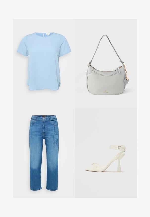 ONLY Carmakoma CARVICA LIFE - Bluse - light blue; Lyseblå denimjeans med afslappet pasform, lige ben, medium talje og justerbar bindebåndsdetalje foran. Glat tekstur.; Sandal med høj hæl i hvid læder med et elegant design, en transparent blokhæl og et dekorativt element ved tåen.; Grå læderhåndtaske med en buet form, guldfarvet metalhardware og en dekorativ charm. Har lynlås og en enkelt skulderrem.