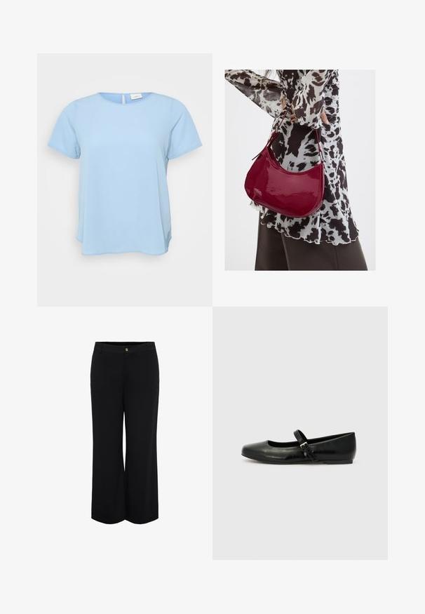 ONLY Carmakoma CARVICA LIFE - Bluse - light blue; Sorte bukser med vide ben, foran knaplukning og bæltestropper, skræddersyet til en løs og komfortabel pasform.; Sorte læder balletflade med rund tå, flad sål og en tynd justerbar rem over svangen med en metalspænde.; Kvinde iført en sort- og hvidmønstret bluse, der holder en blank rød skuldertaske mod en ensfarvet baggrund.