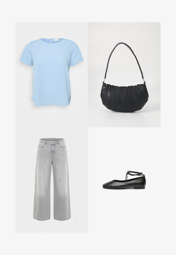 ONLY Carmakoma CARVICA LIFE - Pusero - light blue; Vaaleanharmaat leveälahkeiset farkut, joissa edessä nappi ja vetoketju, viiden taskun malli ja vyölenkit.; Mustat nahka ballet-sandaalit, jossa on terävä kärki, tasainen korko ja nilkkaan kiedottava nauhat. Sujuva pinta, minimalistinen muotoilu.; Mustakäsineinen käsilaukku, jossa on kaareva muoto, aaltoileva tikkaus ja hopeaketjusanga. Silkkinen pinta, kompakti koko.