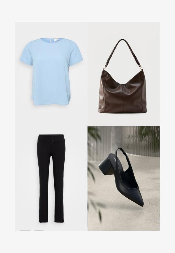 ONLY Carmakoma CARVICA LIFE - Pusero - light blue; Gina Tricot Tall LOW STRAIGHT TROUSERS - Housut - black; Mustat nahkaiset slingback-korkokengät, joissa on terävä kärki ja palikkakorko. Sujuva pinta, minimalistinen muotoilu ja säädettävä nilkkahihna.; Tummanruskea nahkainen olkalaukku, jossa punottu kahva ja näkyvät saumalinjat edessä.