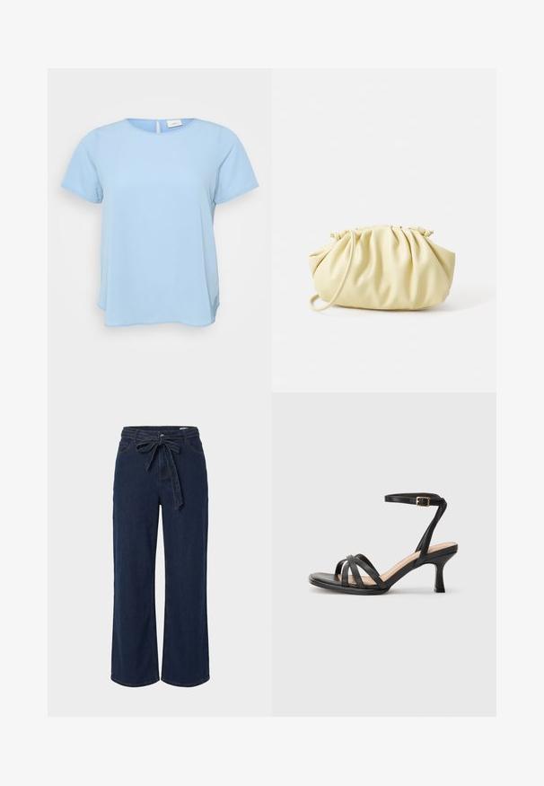 ONLY Carmakoma CARVICA S/S TOP WVN NOOS - Bluse - light blue; Mørkeblå denimbukser med vide ben, forlommer og et stofbælte bundet i en sløjfe i taljen.; Sorte høje hæle sandaler med flere tynde stropper over tæerne, en enkelt ankelstrop med en gylden spænde og en firkantet tå.; Gul plisseret håndtaske lavet af glat kunstlæder, med en blød form, en enkelt skulderrem og samlet topdesign.