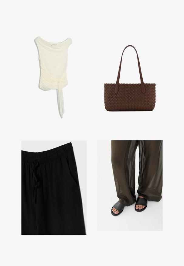 Blouse sans manches en dentelle ivoire avec un large col bateau et un détail asymétrique froncé avec un lien à la taille.; Pantalons noirs avec une taille élastique et un cordon de serrage, offrant une coupe décontractée et des poches latérales. Le matériau semble doux et léger.; Pieds en sandales slides noires associés à un pantalon marron fluide et transparent sur un fond blanc uni.; Sac à main en cuir marron avec un motif tissé, avec deux longues anses fines pour un port à l'épaule.