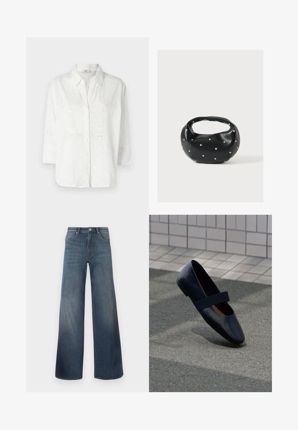Wit overhemd met knoopsluiting, gemaakt van geborduurd materiaal met oogjes uitsparingen, voorzien van een kraag en driekwart mouwen.; Brede denims met wijde pijpen in donkerblauw, met een verwasde afwerking, knoopsluiting en vijf-pocketstijl. Gladde textuur, minimale stikseldetails.; Zwarte leren platte schoen met een ronde neus, voorzien van een zachte zwarte elastische band over de wreef. Gladde textuur en minimalistisch ontwerp.; Zwarte leren handtas met een afgeronde vorm, versierd met zilveren studs, en een korte handgreep. Gladde textuur en ritsluiting.