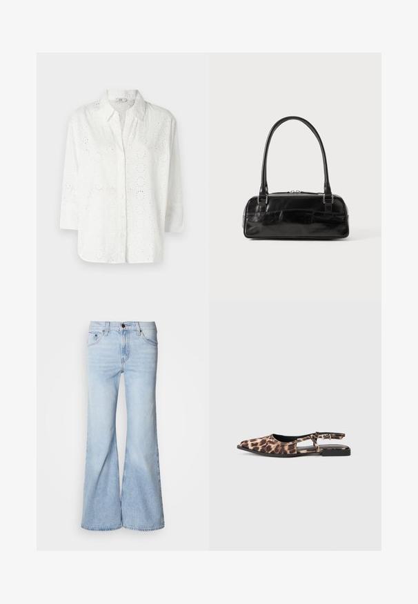 Wit overhemd met knoopsluiting, gemaakt van geborduurd materiaal met oogjes uitsparingen, voorzien van een kraag en driekwart mouwen.; Lichtblauwe flare jeans met een hoge taille, gemaakt van denim, voorzien van vijf zakken en een knoopsluiting. De pijpen zijn wijd en hebben een licht vervaagde afwerking.; Leopardprint platte slingback-schoen met spitse neus, open zijkanten en kleine zwarte hak. Materiaal lijkt glad met een lichte glans.; Zwarte leren handtas met een rechthoekige vorm, voorzien van een enkele gestructureerde handgreep, zilveren hardware en ritsluiting. Gladde textuur.