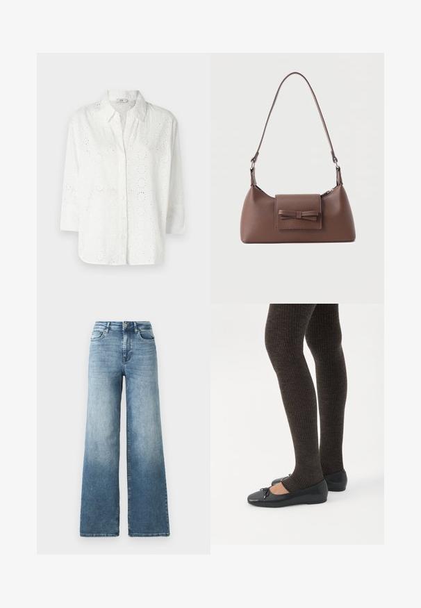 Hvid skjorte med knaplukning lavet af broderet stof med hulmønster, med krave og trekvartærmer.; Vide ben jeans i lys blå vask, med høj talje, fem-lomme design og subtil falmen på stoffet. Klassisk metalknap lukning.; Ben iført mørke ribbede leggings kombineret med sorte balletsko med små sløjfedetaljer på hvid baggrund.; Brun skuldertaske i læder med en frontlomme med klap, der har en sydd sløjfedetalje, og en justerbar rem.