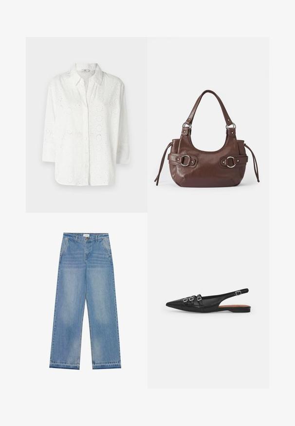 Hvid skjorte med knaplukning lavet af broderet stof med hulmønster, med krave og trekvartærmer.; Lyseblå højtaljede wide-leg jeans med knaplukning, frontlommer, bæltestropper og diskret falmet detaljer.; Sort læderslyngeflad sko med spids tå, der har to vandrette stropper og firkantede sølvspænder, lav hæl og glat tekstur.; Brun læderhåndtaske med rund form, sølvhardware, to sideskuldre og en glat tekstur. Har en enkelt toppen håndtag.