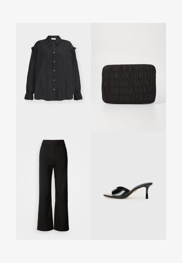 Blouse noire à manches longues avec col, boutonnage sur le devant, détails froncés sur les manches et poignets volantés, posée à plat sur un fond clair.; Pantalons noirs à jambes larges avec une texture lisse, taille haute et un design épuré. Pas de poches visibles ni d'embellissements.; Mules à talons hauts en cuir noir avec un design à bout ouvert et une large sangle supérieure incurvée. Texture lisse et silhouette élégante.; Pochette noire à poche, fabriquée en tissu froncé. Présente une surface texturée avec une fermeture éclair, une forme rectangulaire et une finition mate douce.