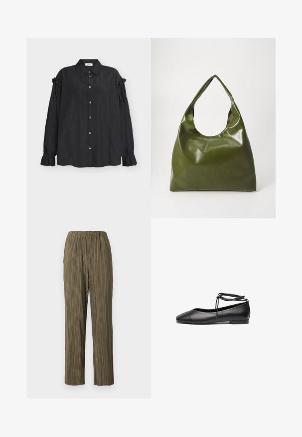 Blouse noire à manches longues avec col, boutonnage sur le devant, détails froncés sur les manches et poignets volantés, posée à plat sur un fond clair.; Pantalon ample couleur vert olive avec plis verticaux et taille élastique, présenté sur un fond gris neutre.; Ballerines noires en cuir avec un bout pointu, un talon plat et un détail de lacet autour de la cheville. Texture lisse, design minimaliste.; Sac hobo en cuir vert au design décontracté, avec une poignée incurvée et une texture lisse. Ne contient aucun matériel ou accent visible.