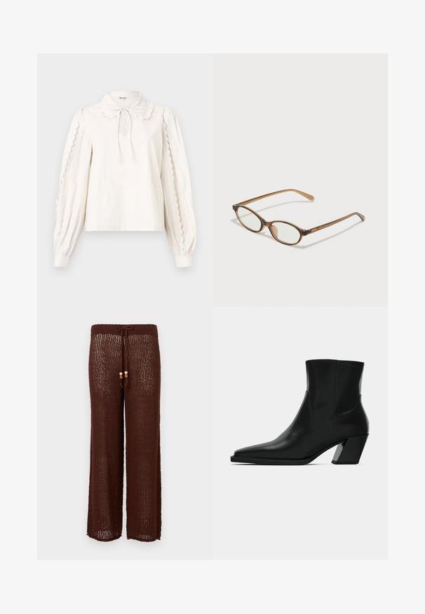 Blusa blanca de manga larga con bordes festoneados en las mangas, un cuello tipo Peter Pan con un lazo atado y puños abotonados.; Pantalones anchos de punto marrón con cintura ajustable y acentos de cuentas de madera. La tela es semi-translúcida con un patrón texturizado.; Bota de tobillo de cuero negro con punta afilada, una silueta elegante y un tacón cuadrado grueso. Textura suave con detalles de costura mínimos.; Gafas de carey marrón con lentes ovalados, patas delgadas y acentos transparentes. Presenta un sutil logo en la varilla. Diseño elegante y ligero.