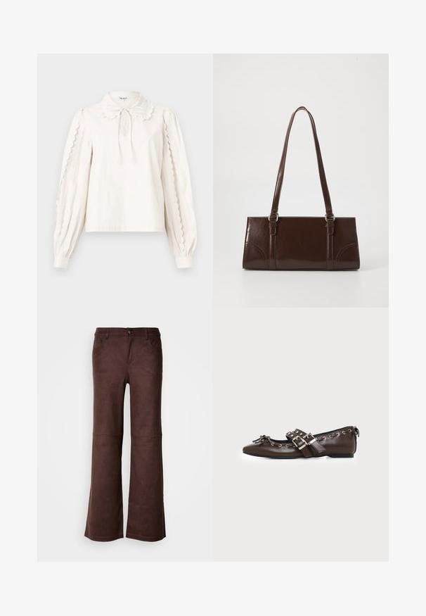 Witte blouse met lange mouwen, schulpjes aan de mouwen, een Peter Pan-kraag met een gestrikt strikje en knoopsluiting bij de mouwen.; Bruine flared pants van een zachte, suede-achtige stof. Beschikt over vier zakken, een knoopsluiting en een gladde, gestructureerde oppervlakte.; Donkerbruine leren platte schoen met puntige neus, dubbele zilveren gespsluitingen, metalen klinknagels en een decoratief strikje aan de voorkant.; Bruine lakleren handtas met een rechthoekige vorm, twee lange handvatten en subtiele gebogen accenten aan de voorkant.