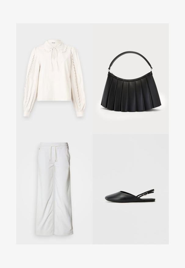 Blusa blanca de manga larga con bordes festoneados en las mangas, un cuello tipo Peter Pan con un lazo atado y puños abotonados.; Pantalones anchos de pernera blanca hechos de algodón suave. Cuentan con una cinturilla elástica con cordón y detalles sutiles en las costuras laterales.; Zapatos de cuero negro tipo slingback con punta afilada, diseño curvado y correa ajustable con hebilla. Textura suave, suela plana y detalles mínimos.; Bolso negro plisado hecho de cuero sintético, con un asa curva y cierre superior con cremallera. Textura suave con un diseño estructurado.