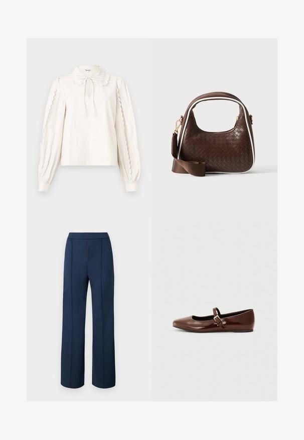 Blusa blanca de manga larga con bordes festoneados en las mangas, un cuello tipo Peter Pan con un lazo atado y puños abotonados.; Pantalones azul marino de pierna recta con frente plano, cintura alta y líneas de pliegue sutiles que recorren cada pierna.; Bailarina de charol marrón con punta cuadrada y tira que presenta una pequeña hebilla dorada. Textura suave, tacón bajo y diseño minimalista.; Bolso de mano de piel trenzada marrón con ribete blanco, cremallera dorada y correa de hombro de tela marrón desmontable.