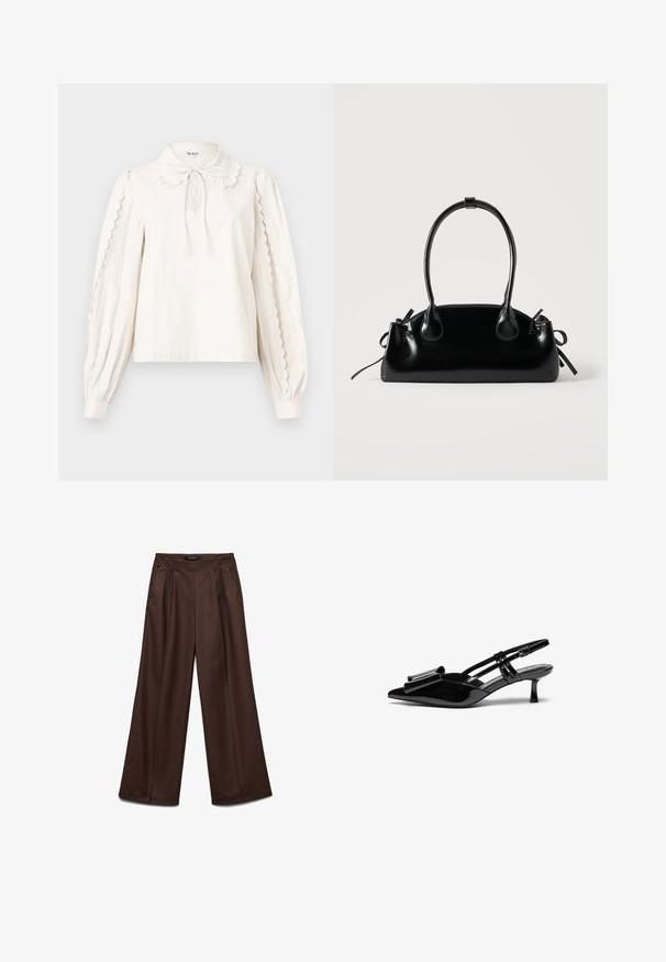 Blusa blanca de manga larga con bordes festoneados en las mangas, un cuello tipo Peter Pan con un lazo atado y puños abotonados.; Pantalones marrones de pierna ancha y cintura alta con pliegues delanteros y bolsillos laterales, confeccionados para un ajuste relajado.; Zapatos de tacón slingback de charol negro con punta afilada, detalle de lazo en el frente y un pequeño tacón de aguja. Las correas tienen hebillas ajustables.; Pequeño bolso negro brillante con dos asas largas y detalles de cordón lateral sobre un fondo claro liso.