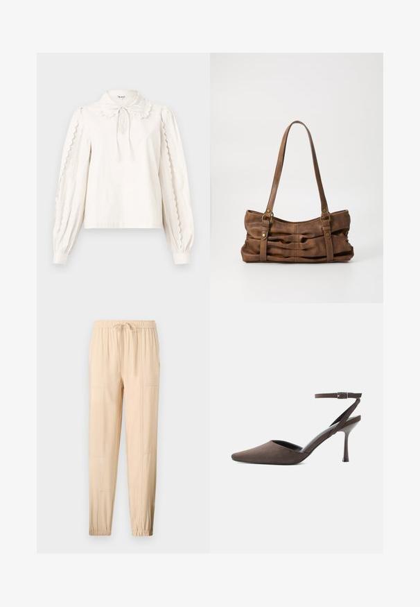 Blouse blanche à manches longues avec des bords festonnés sur les manches, un col Peter Pan avec un nœud lié et des poignets boutonnés.; Pantalons beiges légers avec une taille élastique, un cordon de serrage ajustable, une coupe fuselée et des poches latérales ; texture lisse et coutures minimales.; Chaussure à talon haut en daim marron à bout pointu, avec une fine bride de cheville et une boucle argentée sur fond blanc.; Even&Odd Sac à main - brown
