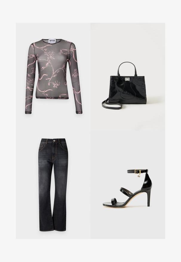 Langärmliges, transparentes Oberteil in Schwarz mit pinkem Blumenrankenmuster, rundem Ausschnitt und tailliertem Design. Hergestellt aus leichtem, elastischem Material.; Schwarze Jeans aus Denim mit geradem Bein, ausgestattet mit orangen Nähten, Fünf-Taschen-Design und einem klassischen Knopfverschluss an der Taille.; Schwarze Lackleder-Sandale mit drei Riemen, Knöchelriemen und 10 cm hohen Stiletto-Absatz. Verfügt über goldfarbene Hardware-Details und ein Logo-Charm.; Schwarze Handtasche aus Lackleder mit abgerundeten Griffen, abnehmbarem Schulterriemen und silberner Verschlussklammer auf einfachem weißem Hintergrund.