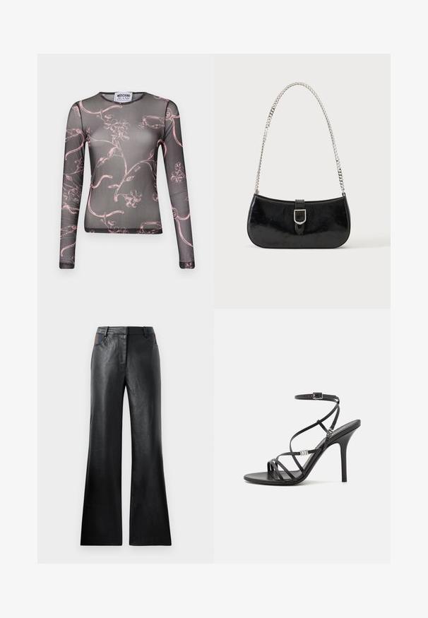 Langärmliges, transparentes Oberteil in Schwarz mit pinkem Blumenrankenmuster, rundem Ausschnitt und tailliertem Design. Hergestellt aus leichtem, elastischem Material.; Schwarze, ausgestellte Lederhosen mit glatter Textur, die zwei Vordertaschen mit schwarzen und braunen Akzenten in der Taille aufweisen.; Schwarze High-Heel-Sandale mit dünnen Riemen, einem Knöchelverschluss, einer glatten Lederoberfläche und einem schlanken Stiletto-Absatz.; Schwarze Schultertasche aus Lackleder mit silberner Schnalle und silbernem Kettenriemen, auf hellem einfarbigen Hintergrund präsentiert.