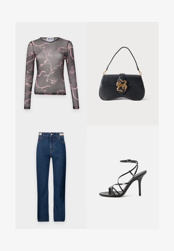 Langærmet gennemsigtig top i sort med et rosa blomster- og vinedesign, rund halsudskæring og tætsiddende pasform. Lavet af letvægts, strækbart materiale.; Rabanne Jeans Straight Leg - dark blue denim; Sort højhælet sandal med tynde stropper, en ankelspænde, en glat læderoverflade og en slank stilethæl.; Sort læderhåndtaske med buet form, enkelt håndtag og guldfarvet slangeformet lukning med mærket "Just Cavalli" på ensfarvet baggrund.