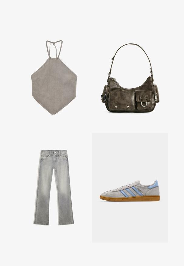 Haut halter en lin gris clair avec un ourlet pointu et une fermeture par lien au cou, présenté sur fond blanc.; Jeans flare en denim gris avec une finition délavée, dotés d'une fermeture à bouton, de cinq poches et de coutures le long de la taille et de l'ourlet.; Baskets en suède gris avec des rayures bleu clair, semelle en caoutchouc caramel et accents de logo. Design basse avec bout rond et fermeture à lacets.; Sac à main en cuir vert foncé de forme arrondie, avec des poches zippées et une poche à rabat à l'avant. Présente un matériel en argent et une finition texturée.