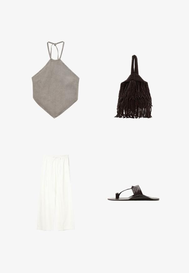 Haut halter en lin gris clair avec un ourlet pointu et une fermeture par lien au cou, présenté sur fond blanc.; Pantalon blanc à jambes larges avec taille élastique et cordon de serrage, en tissu léger.; Sandale plate en cuir noir avec une large sangle tressée et une boucle pour l'orteil, vue de côté sur fond blanc.; Petit sac à main marron foncé couvert de rangées denses de perles avec une anse bouclée et un design frangé et texturé.