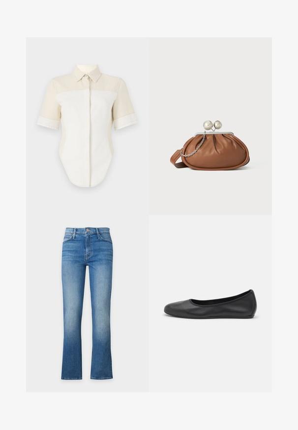Korte mouw shirt met een lichtbeige en witte kleurblokontwerp, voorzien van een puntig kraag en knoopsluiting. Gemaakt van een gladde stof.; Blauwe high-waist denim jeans met knoop- en ritsluiting, vijf zakken en een lichte uitlopende pijp aan de onderkant.; Zwarte leren ballerina met een ronde neus, gladde textuur, minimale stikdetails en een flexibele zoolontwerp.; Bruine leren clutch met een zilveren balsluiting en een klein zilveren kettingdetail op een witte achtergrond.