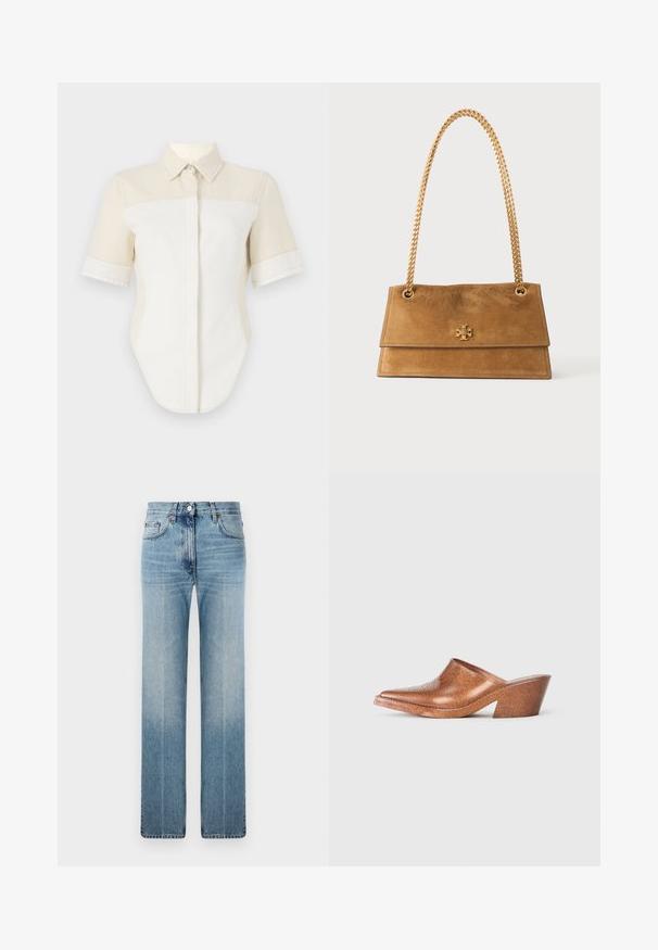 Korte mouw shirt met een lichtbeige en witte kleurblokontwerp, voorzien van een puntig kraag en knoopsluiting. Gemaakt van een gladde stof.; Lichtblauwe rechte spijkerbroek van denim, met subtiele vervaging, klassiek vijf-pocket ontwerp en een metalen knoopsluiting in de taille.; Bronzen glinsterende mules met een spitse neus en een geometrische blokhak. Gladde textuur met verhoogde details op het bovenvlak.; Tan suède schoudertas met een gouden kettingriem en klein gouden logo-embleem op de voorflap tegen een effen achtergrond.