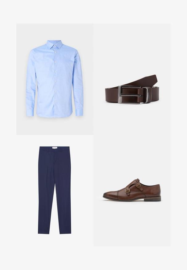 Camisa de botones de color azul claro con mangas largas, cuello puntiagudo y botones blancos. Presenta un cuello interior con patrón. Textura de tela suave.; Pantalones de vestir de color navy, confeccionados en una tela suave, con un corte plano en la parte delantera, dos bolsillos laterales, cremallera y dobladillo limpio sin patrones ni acentos.; Zapato de cuero marrón con un diseño elegante, que cuenta con dos hebillas en tono dorado, puntera puntiaguda y un bajo tacón apilado.; Cinturón de cuero marrón con una hebilla de metal plateado, que presenta una textura suave y un diseño rectangular elegante. Sencillo y funcional.