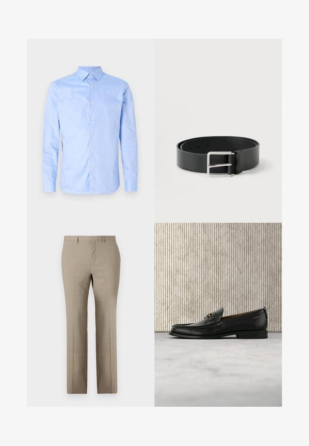 Chemise bleu clair à manches longues, avec un col pointu et des boutons blancs. Présente un col intérieur à motifs. Texture de tissu lisse.; Pantalons beige sur mesure avec une texture lisse, design à jambe droite, motif à carreaux subtil et devant plat. Deux poches arrière incluses.; Mocassin en cuir noir avec mors en métal doré et logo "HUGO", présenté sur un tapis beige et un meuble translucide marron.; Ceinture en cuir noir à finition lisse, avec une boucle rectangulaire en métal argenté et plusieurs trous de réglage.
