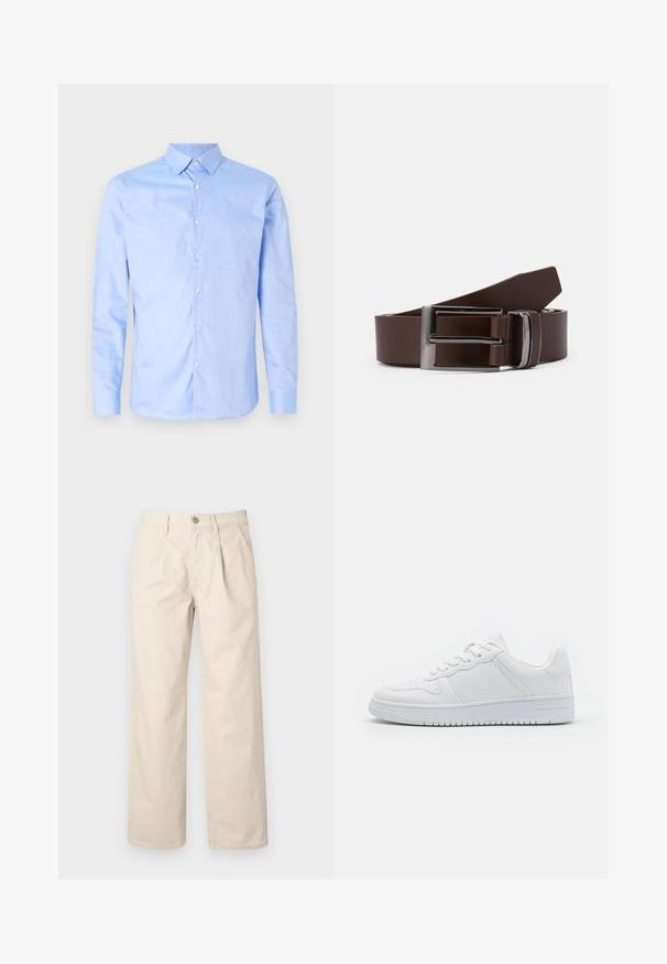 Camisa de botones de color azul claro con mangas largas, cuello puntiagudo y botones blancos. Presenta un cuello interior con patrón. Textura de tela suave.; Pantalones de pierna ancha beige con cintura alta, que cuentan con pliegues frontales, cierre con botón en la parte delantera y una suave tela de algodón.; Zapatillas blancas hechas de material sintético liso, con cordones planos, puntera perforada y suela de goma con un patrón de agarre texturizado.; Cinturón de cuero marrón con una hebilla de metal plateado, que presenta una textura suave y un diseño rectangular elegante. Sencillo y funcional.