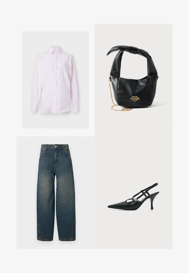 Chemise à manches longues à carreaux rose clair et blanc, boutonnée sur le devant, avec col pointu et poche en forme de cœur cousue sur la poitrine gauche.; Jean en denim bleu à taille haute et jambes larges avec poches avant et fermeture par bouton, présentant des détails décolorés sur les cuisses et les coutures.; Escarpin slingback en cuir noir à bout pointu avec fines brides et une petite boucle décorative argentée sur le côté.; Sac à main Love Moschino en cuir noir souple avec poignée nouée et bandoulière chaîne dorée sur fond blanc.