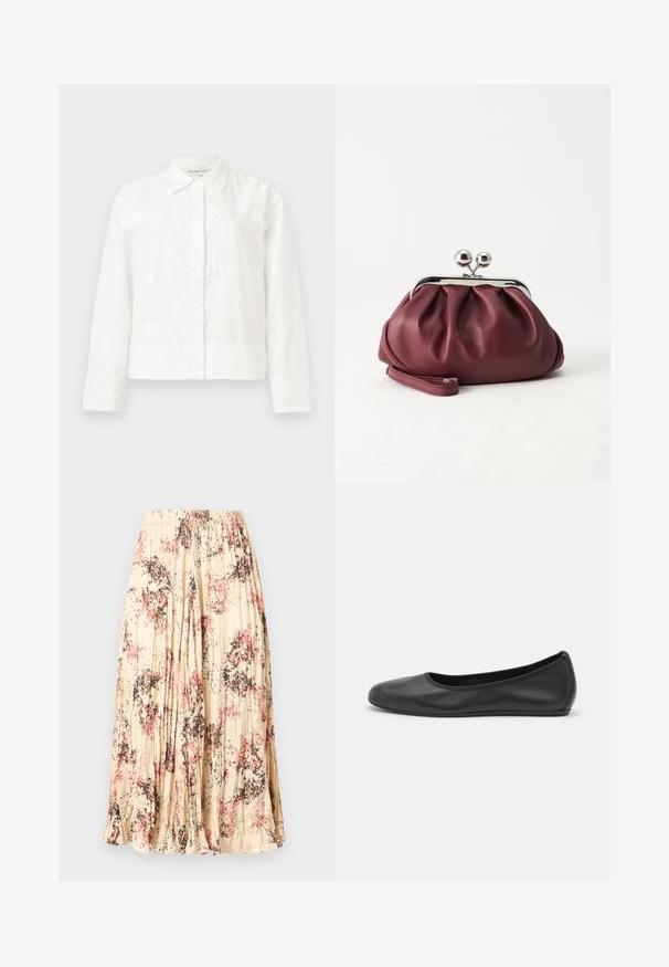 Witte lange mouwen jas met subtiele bloemenborduursels, een puntkraag en een rechte snit met een knoopsluiting. Zacht, gestructureerd stof.; Beige geplooide midi-rok met een bloemenpatroon in roze, zwart en blauw, voorzien van een elastische tailleband.; Zwarte leren ballerina met een ronde neus, gladde textuur, minimale stikdetails en een flexibele zoolontwerp.; Kleine bordeauxrode leren clutch-portemonnee met zilverkleurige metalen sluiting en polsbandje op een witte achtergrond.
