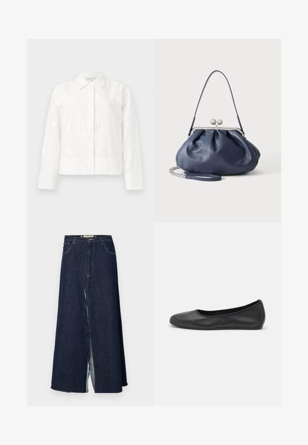 Veste blanche à manches longues avec broderie florale subtile, un col pointu et une coupe droite avec une fermeture à bouton. Tissu doux et texturé.; Jupe longue en denim bleu foncé avec une fente à l'avant. Présente un design traditionnel à cinq poches et des accents de couture visibles. L'ourlet est effiloché.; Ballerines en cuir noir avec un bout rond, texture lisse, détails de couture minimalistes et design de semelle flexible.; Sac à main en cuir bleu marine doux avec fermeture à boucle argentée, une seule bandoulière, et une chaîne de poignet amovible sur fond blanc.