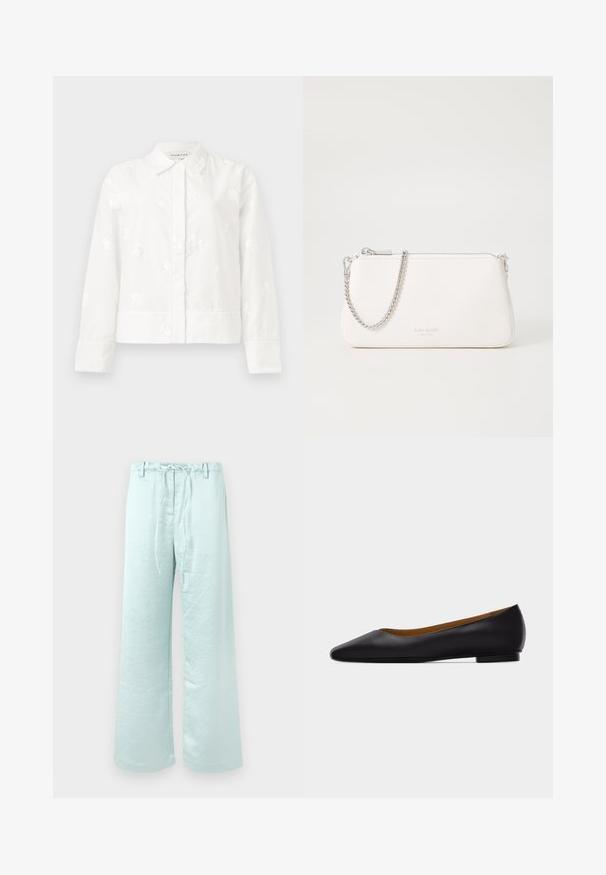 Veste blanche à manches longues avec broderie florale subtile, un col pointu et une coupe droite avec une fermeture à bouton. Tissu doux et texturé.; Pantalons large en vert menthe clair en tissu froissé. Dotés d'une taille à cordon et de poches latérales pour plus de fonctionnalité.; Chaussure plate en cuir noir à bout pointu avec talon bas et finition lisse, vue de côté sur un fond gris clair.; Pochette en cuir blanc avec une chaîne en métal argenté, fermeture zippée et un logo discret sur le devant. Texture lisse et forme rectangulaire.