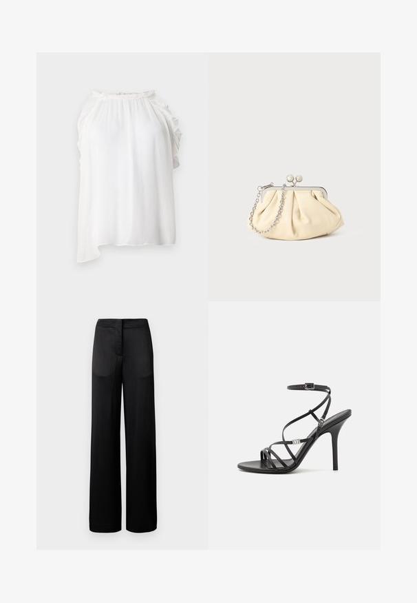 Haut sans manches blanc en tissu léger et texturé. Présente des accents froncés le long de l'encolure et des épaules. Ourlet asymétrique.; Pantalons noirs à jambes larges avec une surface texturée, dotés d'une taille plate et de deux poches latérales. Le tissu semble léger et fluide.; Sandale noire à talons hauts avec des brides fines, une boucle à la cheville, une surface en cuir lisse et un talon aiguille élancé.; Pochette en cuir beige plissé avec un cadre en métal argenté, dotée de deux fermoirs ronds décoratifs et d'une chaîne en argent.