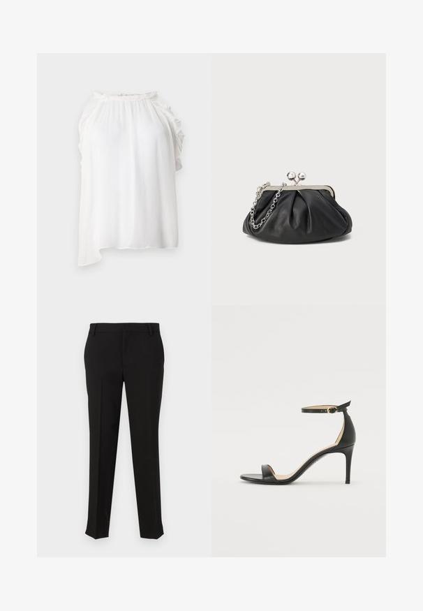 Haut sans manches blanc en tissu léger et texturé. Présente des accents froncés le long de l'encolure et des épaules. Ourlet asymétrique.; Pantalons noirs ajustés en tissu lisse, avec une coupe droite, des passants de ceinture et des poches latérales. Aucune motif ou matériel visible.; Sandale à talons hauts en cuir noir avec une lanière de cheville. Présente une texture lisse, un bout ouvert et un talon fin. Détail de boucle en ton doré.; Porte-monnaie en cuir noir avec texture froncée, cadre en métal argenté, fermeture à verrouillage kiss-lock et bandoulière en chaîne. Surface lisse et douce.