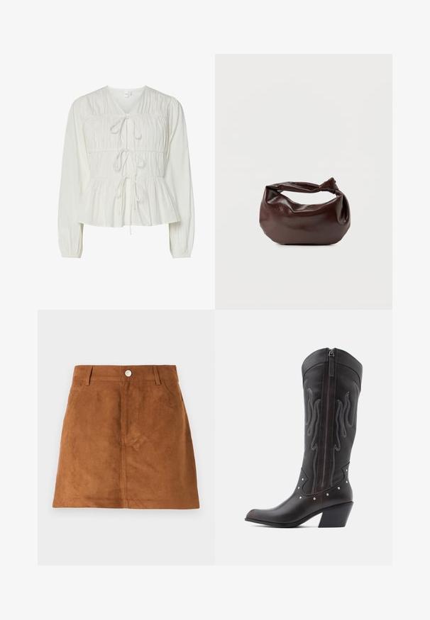 Hvid langærmet bluse med tre frontknytningslukninger, samlede stofdetaljer, elastiske manchetter og en peplum-stil kant.; Ruskind brun mini nederdel med en glat overflade, der har en knaplukning og bæltestropper. Enkel design uden yderligere mønstre eller detaljer.; Brune læder cowboystøvler med flammebroderi, sidelukning med lynlås, sølvnitter, spids snude og lagdelt hæl.; Mørkebrun læder skuldertaske med en blød, afslappet form og et snoet knudehåndtag på en ensartet hvid baggrund.
