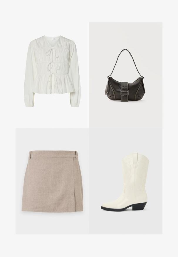 Hvid langærmet bluse med tre frontknytningslukninger, samlede stofdetaljer, elastiske manchetter og en peplum-stil kant.; Beige kort nederdel med linnedstruktur, ren slå-om-design, bæltestropper og en lille slids på højre side.; Hvid western-støvle til midt på læggen med spids tå, sort stablet hæl, dekorative sømme og trækflap på skaftet.; Sort læder skuldertaske med spænde på remmen, afrundede kanter og kontrasterende hvide syninger på en ensfarvet baggrund.