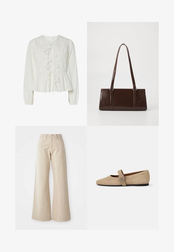 Hvid langærmet bluse med tre frontknytningslukninger, samlede stofdetaljer, elastiske manchetter og en peplum-stil kant.; Beige brede benjeans lavet af denim, med høj talje, forlommer og et enkelt design uden mønstre eller detaljer.; Beige ruskind Mary Jane flade sko med spids tå og et enkelt justerbart strop med en sølv spænde. Sort flad sål.; Brun lakeret håndtaske med rektangulær form, to lange håndtag og subtile buede detaljer på fronten.