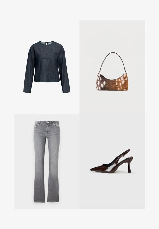 Chemise en denim foncé à manches longues avec col rond, une poche poitrine unique et fermeture par lien au dos, présentée sur fond blanc.; Jeans gris évasés en denim avec une texture douce, dotés d'un design à cinq poches et d'une fermeture à bouton métallique au niveau de la taille.; Talons slingback en cuir verni brun avec un bout pointu, un talon fin, et une sangle réglable avec une petite boucle.; Sac à bandoulière en fausse fourrure tachetée marron et blanche avec une fine sangle noire, présenté sur un fond blanc.
